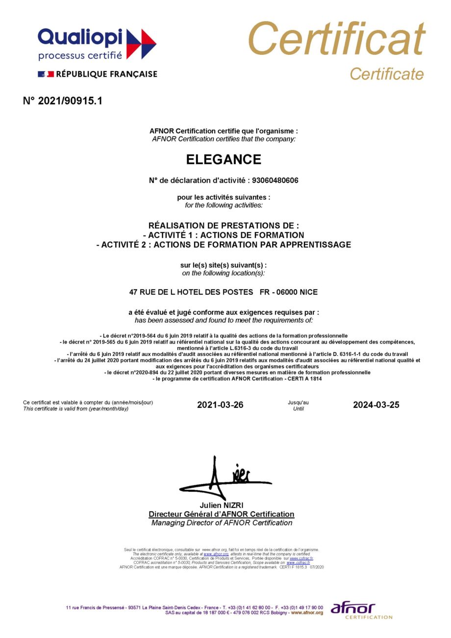 Certificat Qualiopi Elegance France